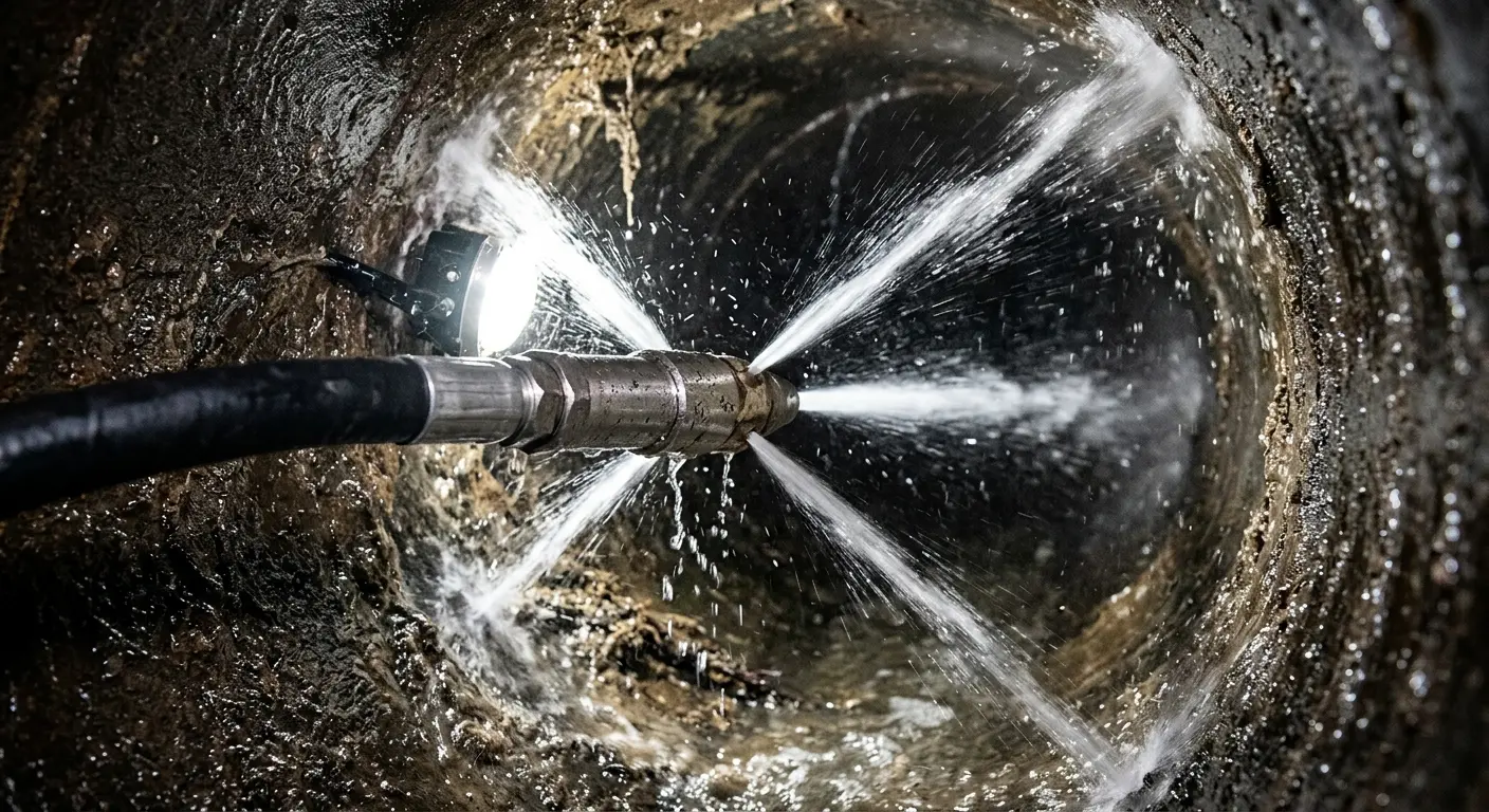High-pressure hydro jetting nozzle cleaning sewer pipe for Trenchless Sewer Repair in Lewiston