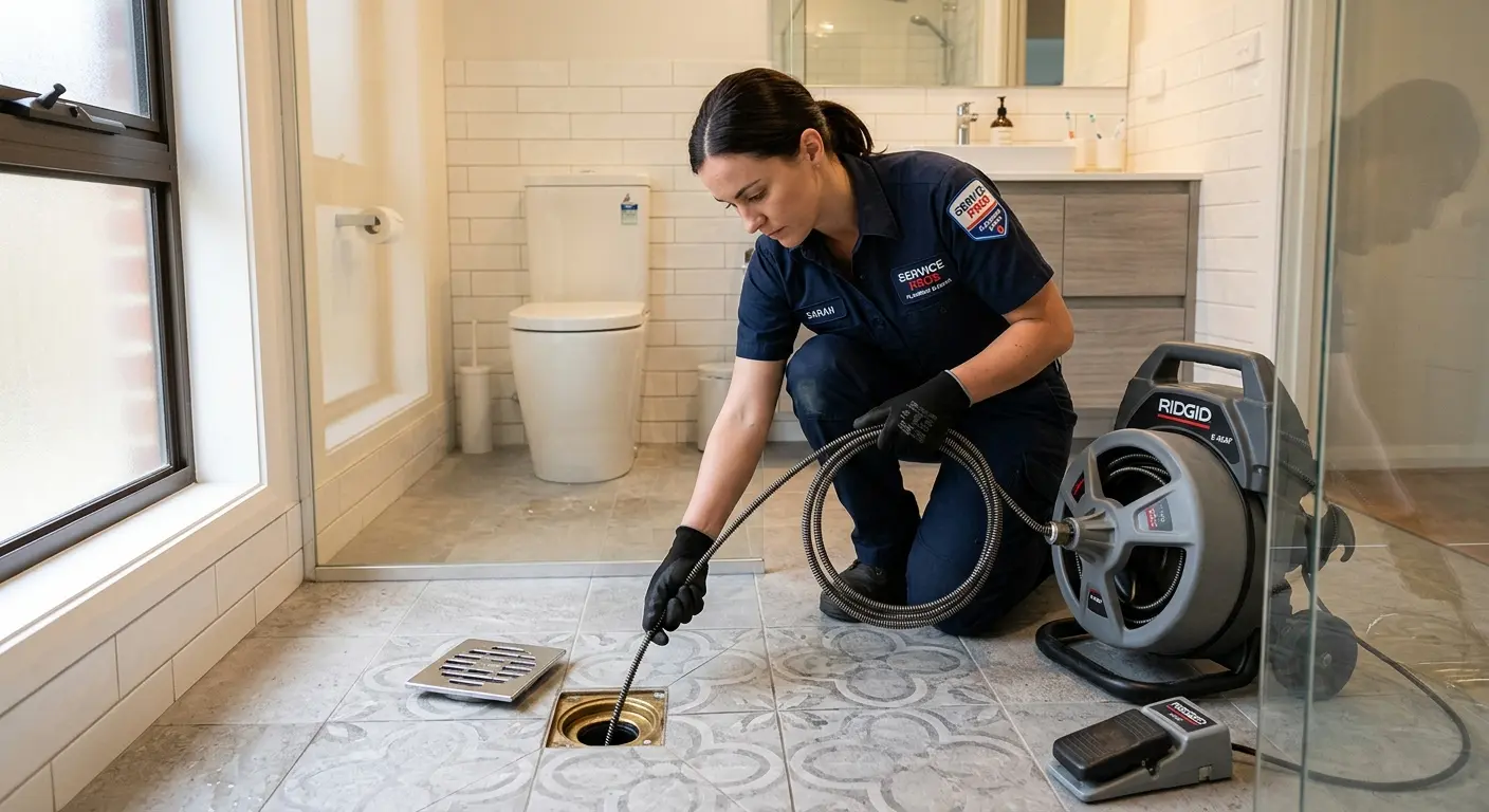 Technician clearing a bathroom floor drain for Hydro Jetting in Lewiston